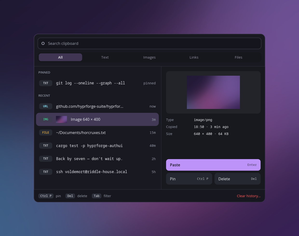 The clipboard history popup: pinned and recent entries tagged text, link, image and file, with the selected image previewed beside them