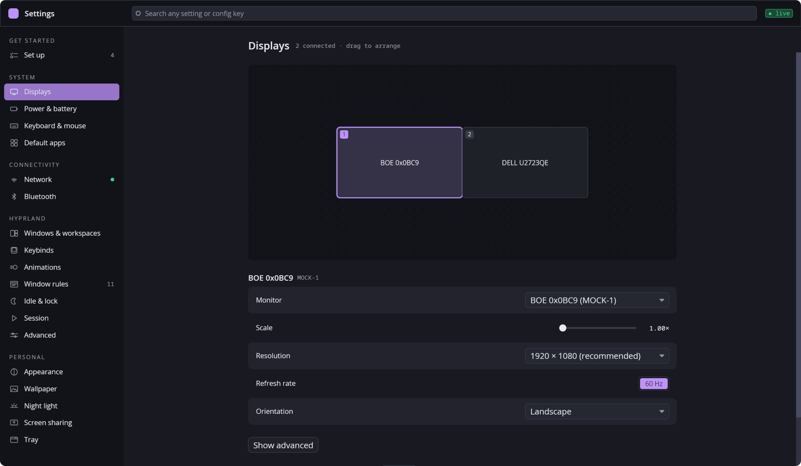 The Displays page in Settings