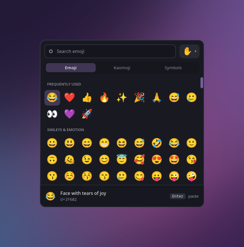 The emoji picker: search, Emoji, Kaomoji and Symbols tabs, frequently used emoji and a skin-tone button