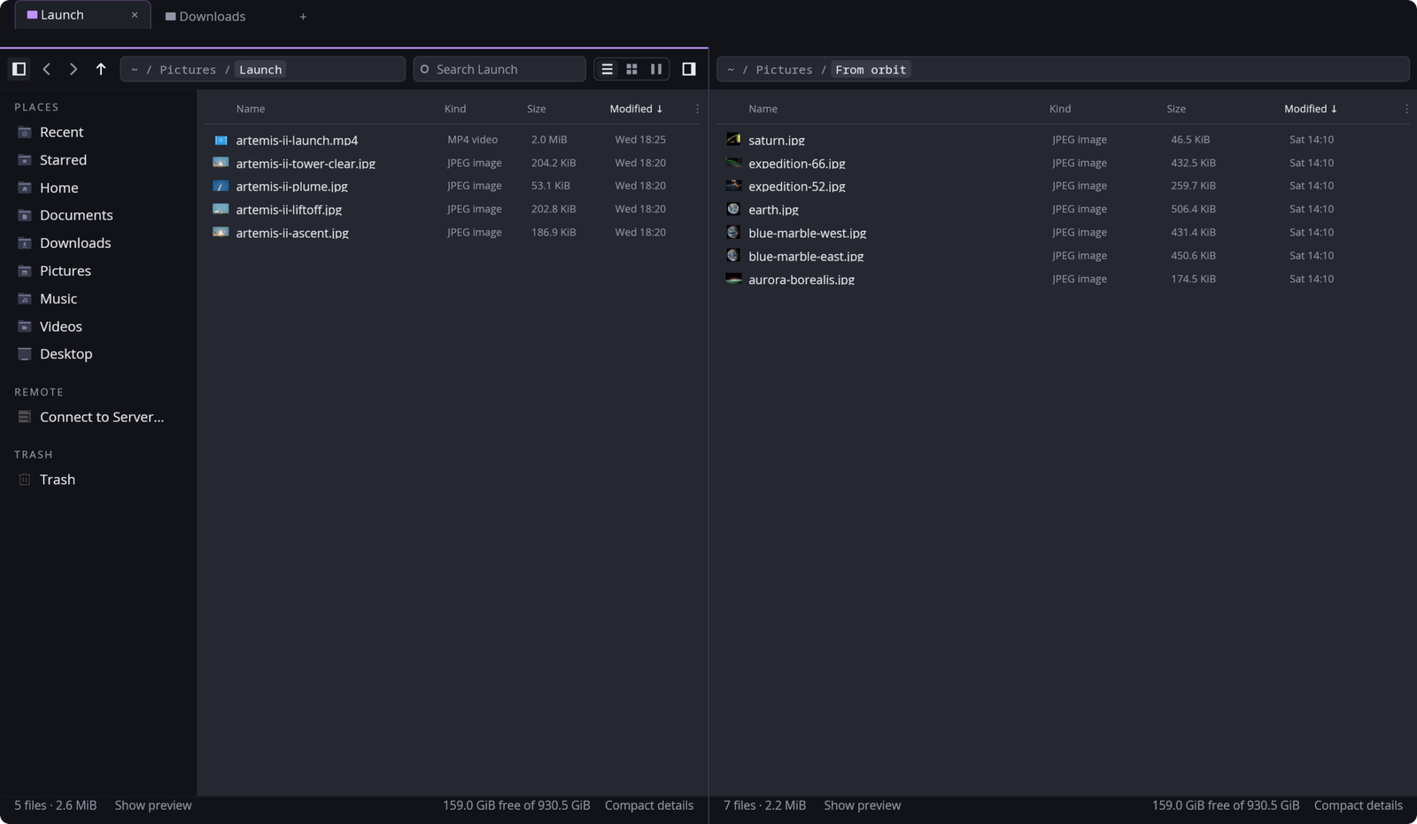 Files in split view