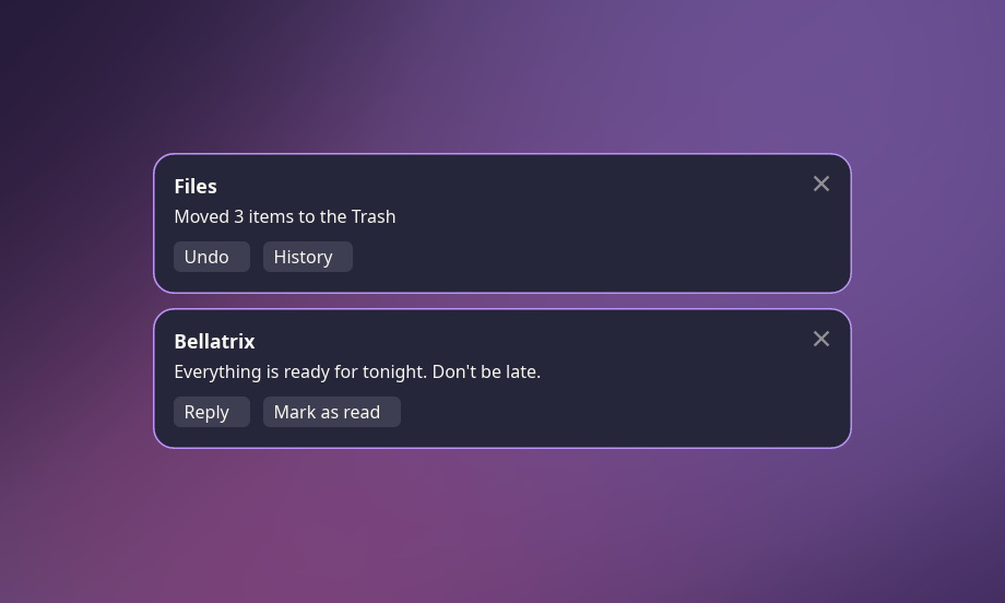 Two toasts: Files saying it moved 3 items to the Trash, with Undo and History buttons, above a message