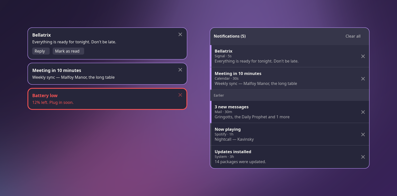 Notification toasts, one of them a critical battery warning, beside the notification center with live and earlier notifications