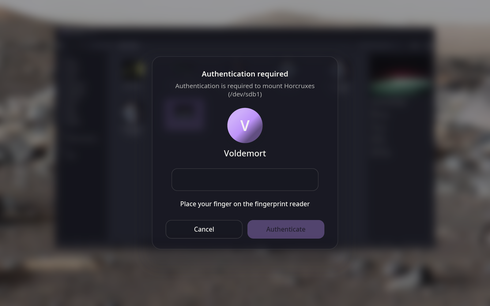 The same prompt waiting for a fingerprint: Place your finger on the fingerprint reader