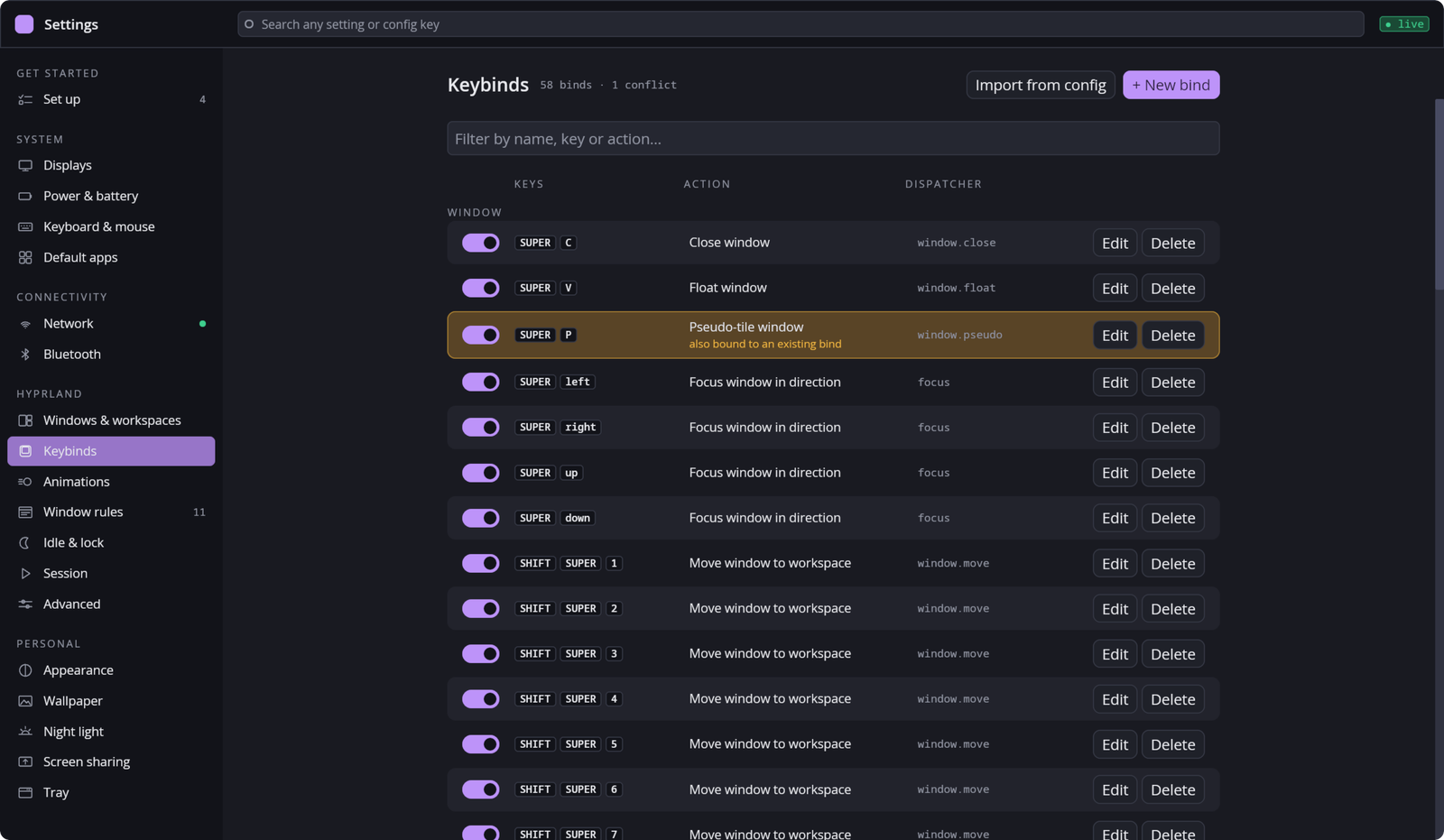 The Keybinds page