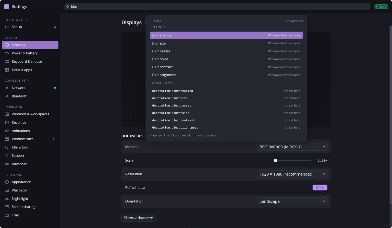 The Settings search palette