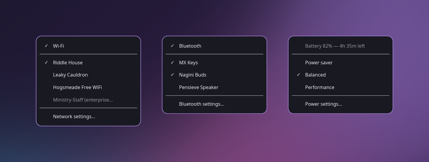 Three tray menus side by side: Wi-Fi networks, Bluetooth devices, and battery with power profiles